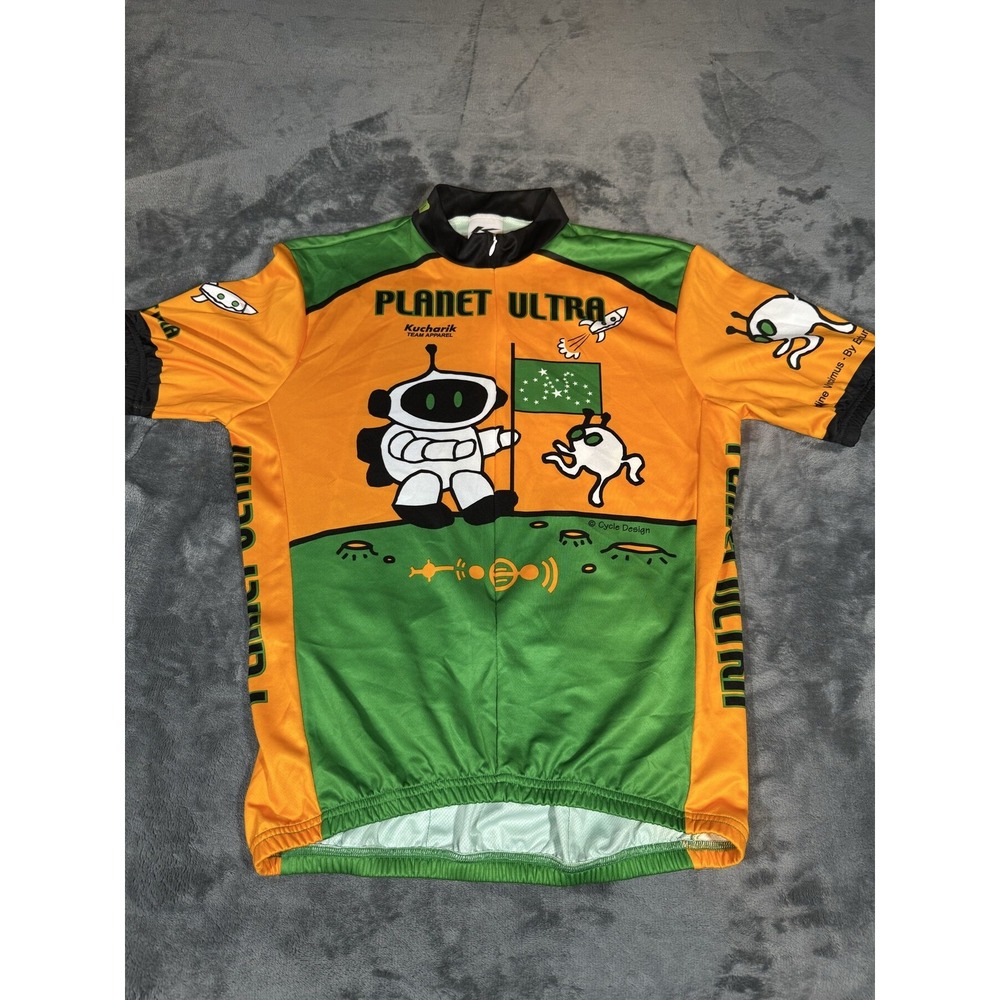 Kucharik Cycling Jersey Mens Large Planet Ultra Alien Orange Green Short Sleeve